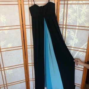 Black strapless gown with blue accent